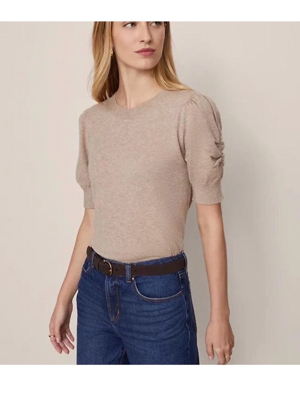 NEW $80 Ann Taylor Weekend ruched sweater tee taupe beige sz Small petite